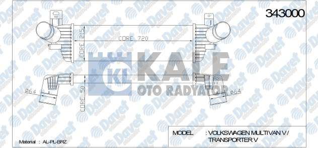 KALE 343000 Turbo Radyatoru (Intercooler) Vw Multivan V-Transporter T5 (717x217x50) (Al/Pl/Brz)